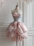Ndyad Pink Sweetheart Tulle Lace Lolita Short Evening Dress Sweet Homecoming Dress HZ1024