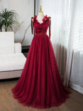 Evafashion V Neck Tulle Burgundy Long Prom Dress, Burgundy Long Evening Dresses HZ1024