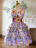 Evafashion Tulle Lace Short Prom Dress, Purple Homecoming Dress HZ1024
