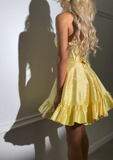 Ndyad Yellow Strapless A-Line Satin Sequin Short Evening Dress Fashion Homecoming Dress HZ1024