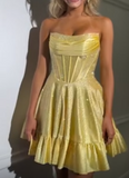 Ndyad Yellow Strapless A-Line Satin Sequin Short Evening Dress Fashion Homecoming Dress HZ1024
