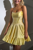 Ndyad Yellow Strapless A-Line Satin Sequin Short Evening Dress Fashion Homecoming Dress HZ1024