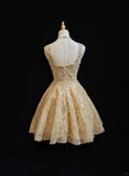 Ndyad Gold Sweetheart Neck A-Line Tulle Sequin Short Prom Dresses Sweet 16 Dress HZ1024