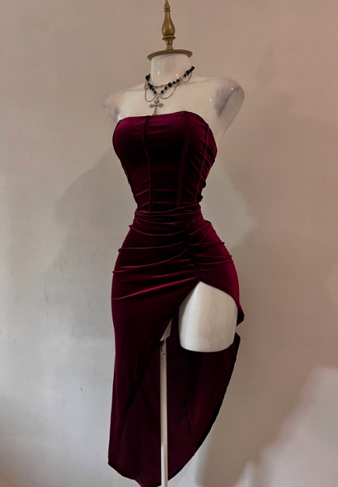 Ndyad Burgundy Strapless Party Dress Bodycon Satin Short Evening Gowns Sexy Birthday Dresses HZ1024