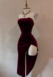 Ndyad Burgundy Strapless Party Dress Bodycon Satin Short Evening Gowns Sexy Birthday Dresses HZ1024