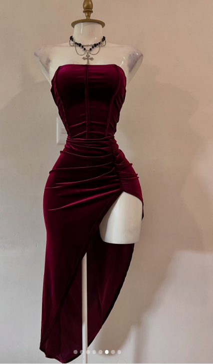 Ndyad Burgundy Strapless Party Dress Bodycon Satin Short Evening Gowns Sexy Birthday Dresses HZ1024