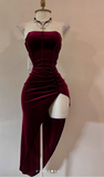 Ndyad Burgundy Strapless Party Dress Bodycon Satin Short Evening Gowns Sexy Birthday Dresses HZ1024