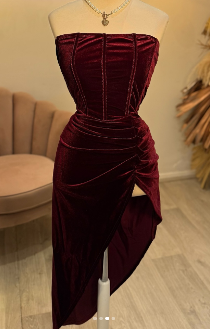 Ndyad Burgundy Strapless Party Dress Bodycon Satin Short Evening Gowns Sexy Birthday Dresses HZ1024