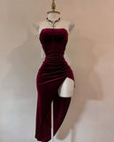 Ndyad Burgundy Strapless Party Dress Bodycon Satin Short Evening Gowns Sexy Birthday Dresses HZ1024