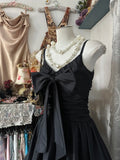 Ndyad Black Spaghetti Straps A-Line Taffeta Short Prom Dresses Vintage Evening Gowns HZ1024