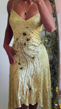 Ndyad Yellow Spaghetti Straps Sheath Satin Lace Short Prom Dresses Formal Evening Gowns with Beading HZ1024