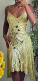 Ndyad Yellow Spaghetti Straps Sheath Satin Lace Short Prom Dresses Formal Evening Gowns with Beading HZ1024