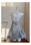 Ndyad Silver Halter Neck A-Line Sequin Short Prom Dresses Formal Evening Gowns HZ1024