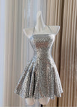 Ndyad Silver Halter Neck A-Line Sequin Short Prom Dresses Formal Evening Gowns HZ1024