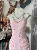 Ndyad Pink Strapless Sheath Chiffon Prom Dresses, Pleated Evening Gowns HZ1024
