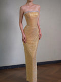 Ndyad Gold Sheath Lace Sequin Long Prom Dresses, Fashion Strapless Formal Evening Gowns HZ1024