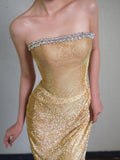 Ndyad Gold Sheath Lace Sequin Long Prom Dresses, Fashion Strapless Formal Evening Gowns HZ1024