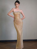Ndyad Gold Sheath Lace Sequin Long Prom Dresses, Fashion Strapless Formal Evening Gowns HZ1024