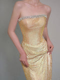 Ndyad Gold Sheath Lace Sequin Long Prom Dresses, Fashion Strapless Formal Evening Gowns HZ1024