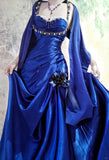 Ndyad Blue Straps Mermaid Satin Long Prom Dresses, Beaded Formal Evening Gowns HZ1024