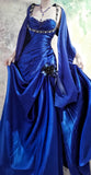 Ndyad Blue Straps Mermaid Satin Long Prom Dresses, Beaded Formal Evening Gowns HZ1024