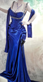 Ndyad Blue Straps Mermaid Satin Long Prom Dresses, Beaded Formal Evening Gowns HZ1024