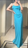 Ndyad Blue Spaghetti Straps Sheath Chiffon Long Prom Dresses, Formal Evening Dresses HZ1024