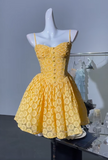 Ndyad Yellow Spaghetti Straps A-Line Tulle Applique Short Prom Dresses Cute Homecoming Dress HZ1024