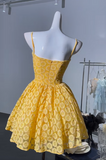 Ndyad Yellow Spaghetti Straps A-Line Tulle Applique Short Prom Dresses Cute Homecoming Dress HZ1024