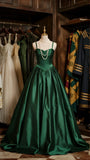 Ndyad Dark Green Spaghetti Straps A-Line Satin Long Prom Dresses Formal Evening Dress HZ1024