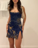 Ndyad Navy Blue Square Neck Bodycon Beaded Short Evening Gown Gorgeous Homecoming Dresses HZ1024