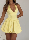 Ndyad Butter Yellow Halter A-Line Satin Short Prom Dresses Fashion Homecoming Dress HZ1024