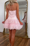 Ndyad Pink Strapless Sheath Tulle Sequin Short Prom Dresses Sweet Homecoming Dress HZ1024
