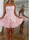 Ndyad Pink Strapless Sheath Tulle Sequin Short Prom Dresses Sweet Homecoming Dress HZ1024