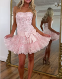 Ndyad Pink Strapless Sheath Tulle Sequin Short Prom Dresses Sweet Homecoming Dress HZ1024