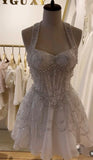 Ndyad White Halter A-Line Beaded Sequin Short Party Dress,Tulle Homecoming Dresses HZ1024