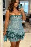 Ndyad Blue Spaghetti Straps Sheath Sequins Short Evening Dress Party Dress HZ1024