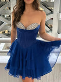 Ndyad Blue Strapless A-Line Chiffon Short Homecoming Dress with Sequins HZ1024