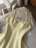 Ndyad Butter Yellow Spaghetti Straps A-Line Satin Short Birthday Party Dress HZ1024
