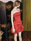 Ndyad Red Strapless A-Line Satin Polka Dot Short Prom Dress Sweet 16 Dress HZ1024