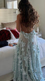 Ndyad Blue Halter Neck Sheath Tulle Long Prom Dresses Backless Evening Gowns with Appliques HZ1024