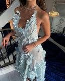 Ndyad Blue Halter Neck Sheath Tulle Long Prom Dresses Backless Evening Gowns with Appliques HZ1024