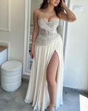 Ndyad Apricot Strapless Sheath Chiffon Long Prom Dresses Formal Evening Dresses with Slits HZ1024