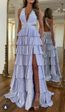 Ndyad Silver Halter A-Line Satin Layered Sequins Long Prom Dresses Formal Evening Gowns with Slits HZ1024