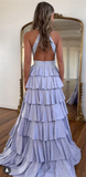 Ndyad Silver Halter A-Line Satin Layered Sequins Long Prom Dresses Formal Evening Gowns with Slits HZ1024