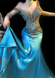 Ndyad Blue Off Shoulder Mermaid Beaded Satin Long Prom Dresses Formal Evening Gowns HZ1024
