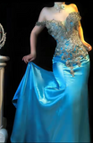 Ndyad Blue Off Shoulder Mermaid Beaded Satin Long Prom Dresses Formal Evening Gowns HZ1024