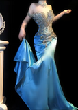 Ndyad Blue Off Shoulder Mermaid Beaded Satin Long Prom Dresses Formal Evening Gowns HZ1024