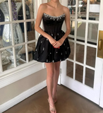 Ndyad Black Strapless A-Line Satin Beaded Prom Dresses Formal Evening Gowns HZ1024
