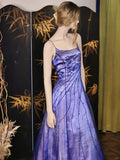 Ndyad Spaghetti Straps Purple Satin Long Prom Dresses Vintage Evening Dresses with Beading HZ1024
